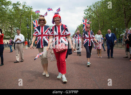 Londra, UK, 11 Giugno, 2016. La folla si raccolgono sul Mall per la RAF fly-passato la conclusione di questo anno di Trooping il colore. La manifestazione di quest'anno ha segnato il Queen's novantesimo compleanno. Marc Gascoigne/Alamy Live News. Foto Stock