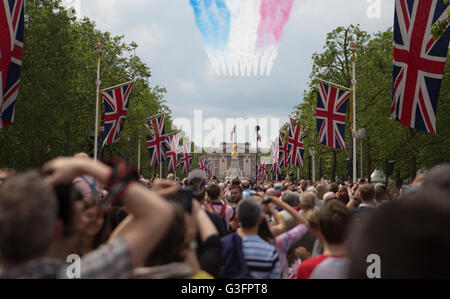 Londra, UK, 11 Giugno, 2016. La folla si raccolgono sul Mall per la RAF fly-passato la conclusione di questo anno di Trooping il colore. La manifestazione di quest'anno ha segnato il Queen's novantesimo compleanno. Marc Gascoigne/Alamy Live News. Foto Stock