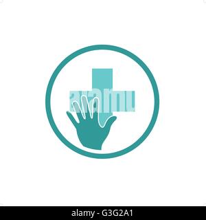 Management sanitario l'icona con la mano sulla croce all'interno del cerchio isolato su uno sfondo bianco. Illustrazione Vettoriale