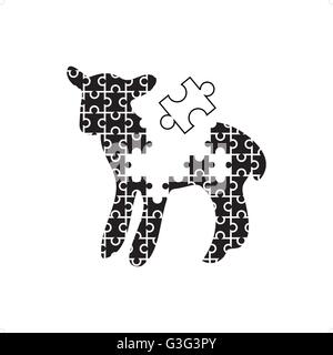 Carino in bianco e nero puzzle come agnello slhouette illustrazione vettoriale isolati su sfondo bianco. Illustrazione Vettoriale