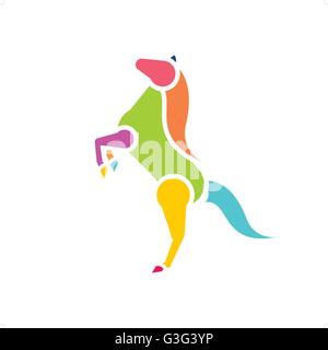 Bello stile cartoon coloratissimo cavallo giocattolo in piedi su due gambe illustrazione vettoriale isolati su sfondo bianco. Illustrazione Vettoriale