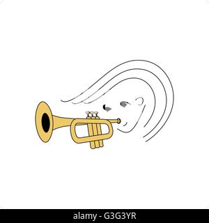 Una linea stilizzata ragazza di disegno suonare la tromba illustrazione vettoriale isolati su sfondo bianco Illustrazione Vettoriale