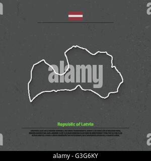 Repubblica di Lettonia mappa isolato e bandiera ufficiale icone. vettore politico lettone Riga sottile mappa su sfondo nero. Unione Illustrazione Vettoriale