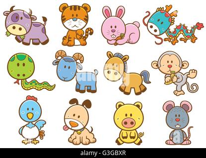 Illustrazione Vettoriale dello zodiaco cinese cartoon animale Illustrazione Vettoriale