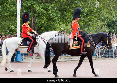 Il Principe di Galles, S.A.R. il Principe Carlo, il Colonnello delle guardie gallesi, a cavallo nella sua uniforme cerimoniale Foto Stock