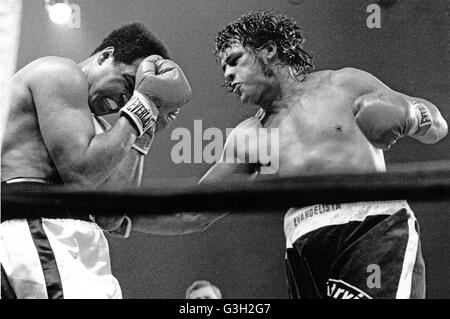 16 maggio 1977 - Landover, Maryland, Stati Uniti d'America - Challenger Alfredo Evangelista, destra, atterra un diritto di Champion Muhammed Ali sezione mediana al decimo giro dei loro quindici round heavyweight titolo di lotta al Capitol Centre in Landover, Maryland il 16 maggio 1977. Ali ha vinto la lotta da una decisione unanime. La lotta è stata trasmessa in diretta su ABC. Ali di borsa era di $2.7 milioni e Evangelista ricevuto da $ 85.000..Credit: Arnie Sachs / CNP (credito Immagine: © Arnie Sachs/CNP via ZUMA filo) Foto Stock