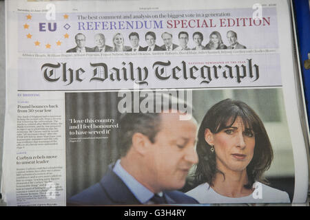 Londra, Regno Unito 25 Giugno 2016 - Daily Telegraph il giornale headline la mattina dopo il British UE i risultati dei referendum e David Cameron dimissioni. Credito: Dinendra Haria/Alamy Live News Foto Stock