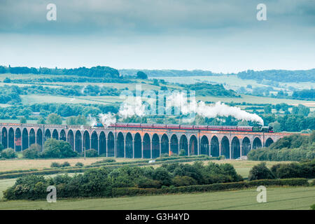 Harringworth, UK. Il 25 giugno, 2016. Flying Scotsman locomotore cale carrelli attraverso il Welland valley viadotto ferroviario a Harringworth, Inghilterra, durante un giorno di viaggio da Londra a York e torna su sabato 25 giugno 2016. Credito: miscellanea/Alamy Live News Foto Stock