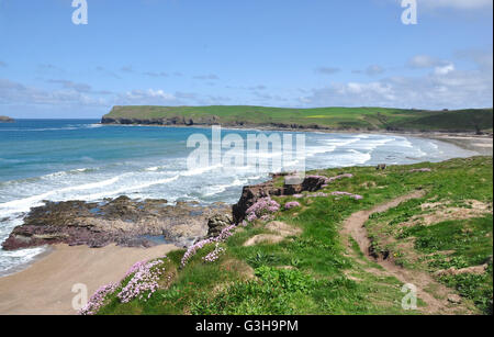 Cornwall - cliff percorso superiore -nr Polzeath - vista sulla baia di Hayle a pentire testa - rocks beach - onde spumeggianti - blu cielo e mare Foto Stock