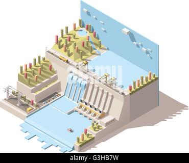 Isometrica del vettore centrale idroelettrica Una infografica Illustrazione Vettoriale