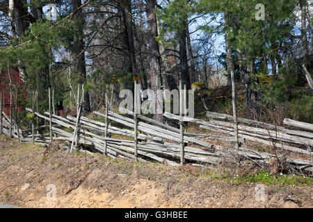 Tipico legno svedese roundpole recinzione Foto Stock