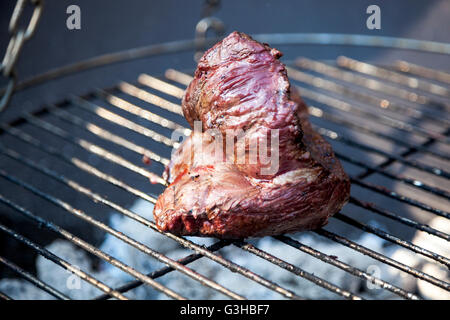 Un succoso pezzo di carne di cervo su un grill Foto Stock