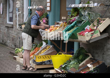 Un tradizionale fruttivendolo sano vendita di frutta e verdura sulla strada in Hay-on-Wye, Galles. Foto Stock