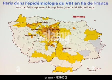 Parigi, Francia, Francia Lert, 'Paris sans Sida', Presentazione Slide all'AIDS HIV su molteplici strumenti di prevenzione, dal TRT-5 O.N.N. G, Ministero della Salute, carta epidemiologica di Parigi, Ile de France, persone infette, francia pandemia, piano di parigi Foto Stock