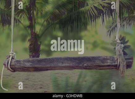 Panca in legno con funi anteriore del palms background 3d illustrazione Foto Stock