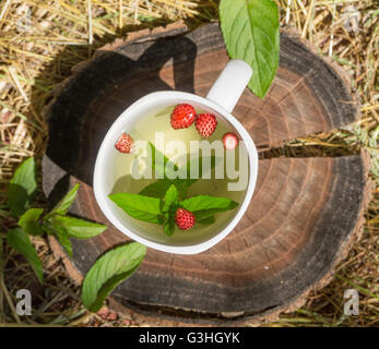 Il tè alla menta e fragole selvatiche in una tazza bianca sul fieno Foto Stock