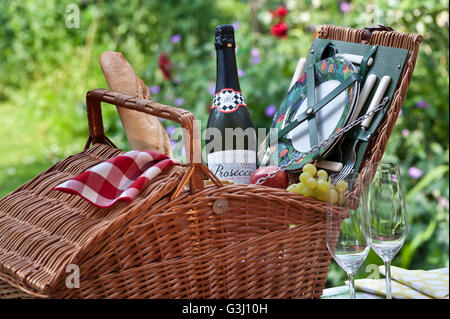 Vino Prosecco bottiglia e vimini cesto da picnic nel soleggiato giardino floreale situazione Foto Stock