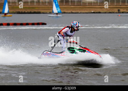 British Summer Jetski Championships Sporting Events , Round 3 Crosby Marine Lake, Lakeside Adventure marina Center; freestyler jetski - Jet Ski Ra Foto Stock