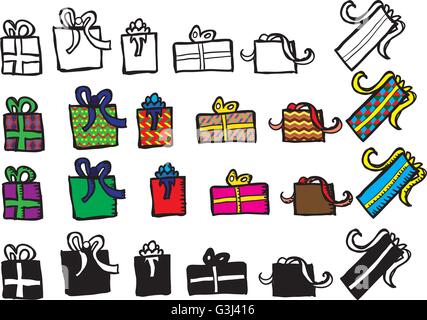 Presente doodle foglio con contorno, colorata e strati di silhouette Illustrazione Vettoriale