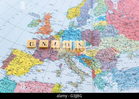 Unione parola sulla mappa europea. Il Regno Unito l' adesione all' Unione europea un referendum il 23 giugno 2016 Foto Stock