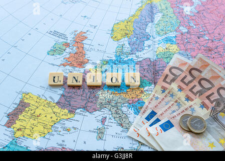 Unione con la parola euro denaro sulla carta europea. Il Regno Unito l' adesione all' Unione europea un referendum il 23 giugno 2016 Foto Stock