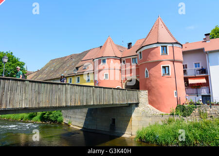 City Gate Biertor al fiume Regen, in Germania, in Baviera, Baviera, Oberpfalz, Alto Palatinato, Cham Foto Stock