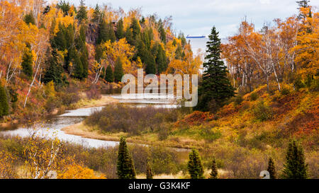 Una grande nave dei laghi è vista in lontananza sul Lago Superiore con colore di autunno nella valle di primo piano. Foto Stock