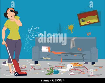 Scioccato donna con aspirapolvere in piedi in una sporca disordinato camera con segni di animali domestici e attività per i bambini, illustrazione vettoriale Illustrazione Vettoriale
