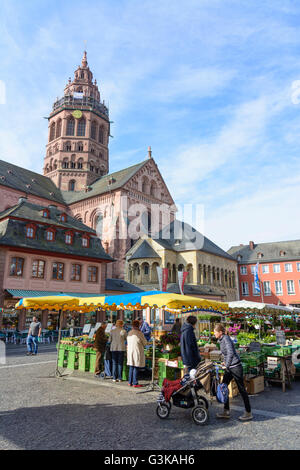 San Martin's Cathedral e il mercato settimanale, Germania Renania-Palatinato, Renania-Palatinato, , Magonza Foto Stock