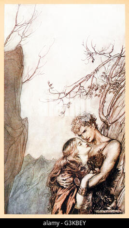 "Brunnhilde si getta nel Siegfried bracci" da 'Siegfried & Il crepuscolo degli dei' illustrato da Arthur Rackham (1867-1939). Vedere la descrizione per maggiori informazioni. Foto Stock