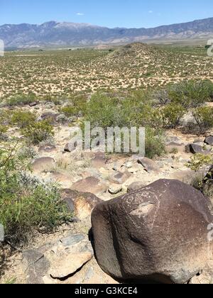 Nativi Americani (Jornada Mogollon persone) petroglifi scolpiti sulle rocce a tre fiumi Petroglyph sito nelle vicinanze di Tularosa, Nuovo Messico Foto Stock