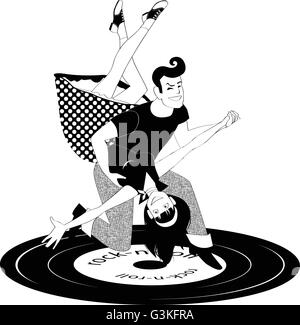 Cartoon giovane negli anni cinquanta a vestiti in stile ballare il rock'n'roll Illustrazione Vettoriale