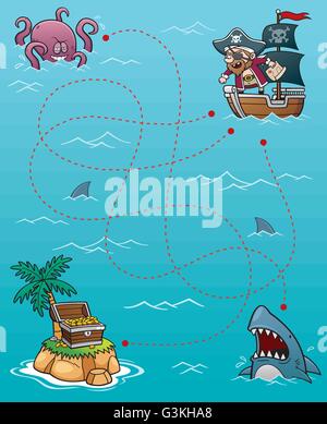 Illustrazione Vettoriale di istruzione Pirate gioco labirinto Illustrazione Vettoriale
