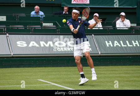 Kei Nishikori del Giappone in azione contro Lucas Pouille della Francia durante la sua prima partita a tennis ATP nel torneo di Halle, Germania, 13 giugno 2016. Foto: FRISO GENTSCH/dpa Foto Stock