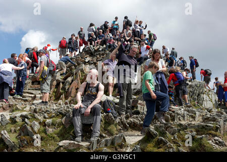 Immagine di panorama mostra una folla di escursionisti in appoggio e tenendo la vista dalla cima di Mount Snowdon Foto Stock