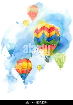 Hot Air Balloon Festival colorati ad acquerello illustrazione dello sfondo dipinto a mano Foto Stock