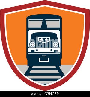 Illustrazione di un diesel treno merci su ferrovia via visto dalla serie anteriore all'interno della protezione crest fatto in stile retrò. Illustrazione Vettoriale