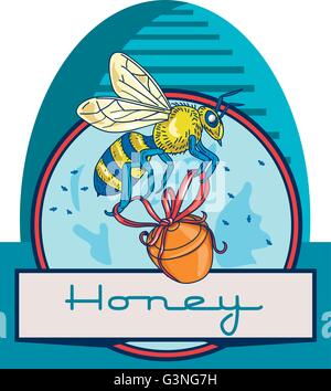 Illustrazione di un lavoratore honey bee portante un honey pot con nastro con skep sullo sfondo impostato all'interno del cerchio e la parola miele in fondo fatto in stile retrò. Illustrazione Vettoriale