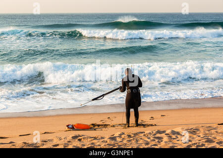 La pesca subacquea subacquei preparati pronti sulla spiaggia entrata nuotare in acque oceaniche. Foto Stock