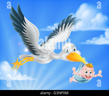 Cartoon stork uccello carattere animale volando attraverso il cielo tenendo un bambino di neonato. Mito classico di Stork bird in grado di offrire un nuovo b Foto Stock