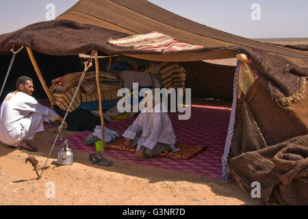 Due uomini seduti in un cammello tenda sono impegnati in una conversazione recuperando come vecchi amici nel deserto del Sahara, Merzouga Foto Stock