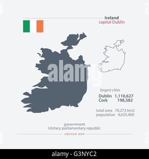 Repubblica di Irlanda mappe isolato e bandiera ufficiale icona. vettore politico irlandese le icone della mappa con informazioni di carattere generale. Geograph UE Illustrazione Vettoriale