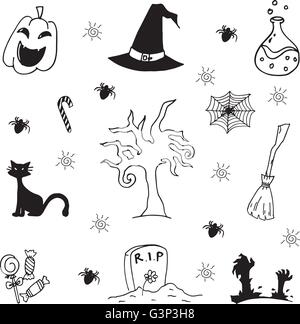 Caratteri di Halloween e gli attributi doodle impostato Illustrazione Vettoriale