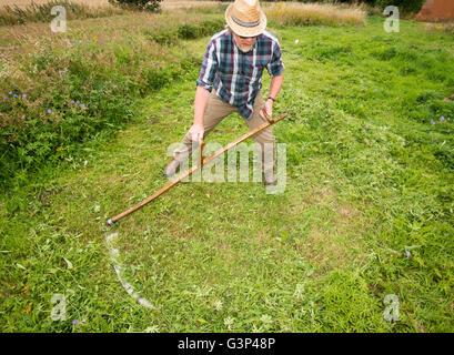 Un Inglese scything un campo nella campagna di Norfolk in Inghilterra. Foto Stock