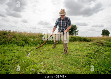 Un Inglese scything un campo nella campagna di Norfolk in Inghilterra. Foto Stock