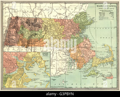 Stato del Massachusetts mappa. Contee. Inset Boston city plan, 1907 Foto Stock