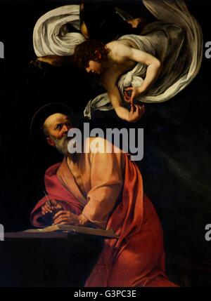 Ispirazione di San Matteo e San Matteo e l'angelo, da Caravaggio, 1602, cappella Contarelli, San Luigi dei Francesco Chiesa, Roma Foto Stock