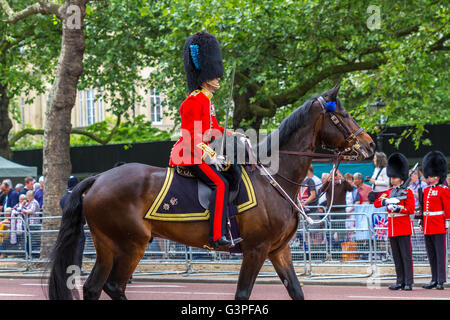 Un ufficiale delle guardie irlandesi a cavallo lungo il Mall alla Queens Birthday Parade, conosciuta anche come Trooping the Color, Londra, Regno Unito Foto Stock