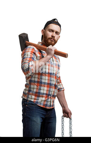 Ritratto di uomo barbuto con martello Foto Stock