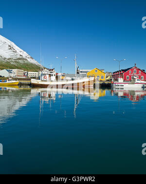 Sigulfjordur, un piccolo villaggio nel nord dell'Islanda Foto Stock